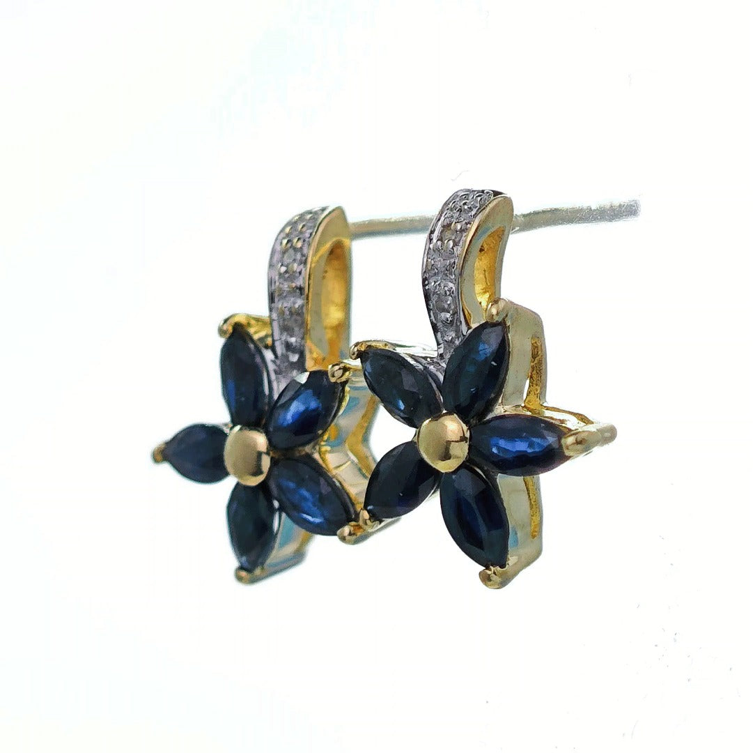 9ct Sapphire Diamond Earrings Gold Flower Studs Natural Blue Gemstones 0.88ct