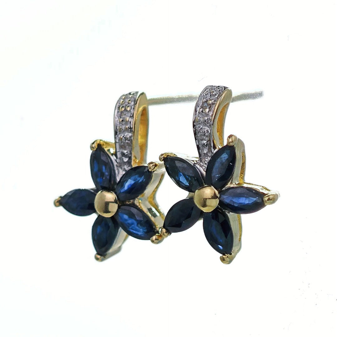 9ct Sapphire Diamond Earrings Gold Flower Studs Natural Blue Gemstones 0.88ct