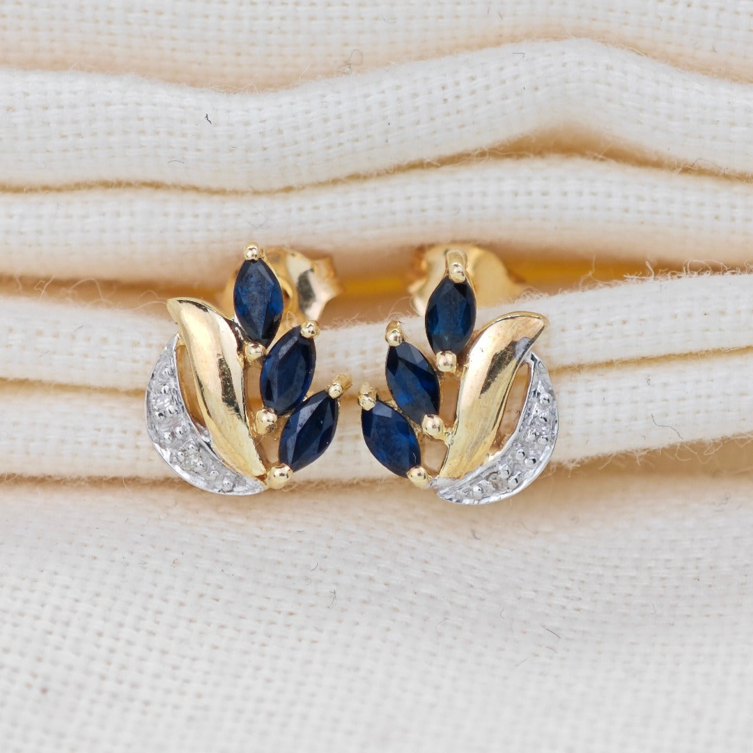 9ct Sapphire Diamond Earrings Gold Studs Natural Blue Gemstones 0.65ct