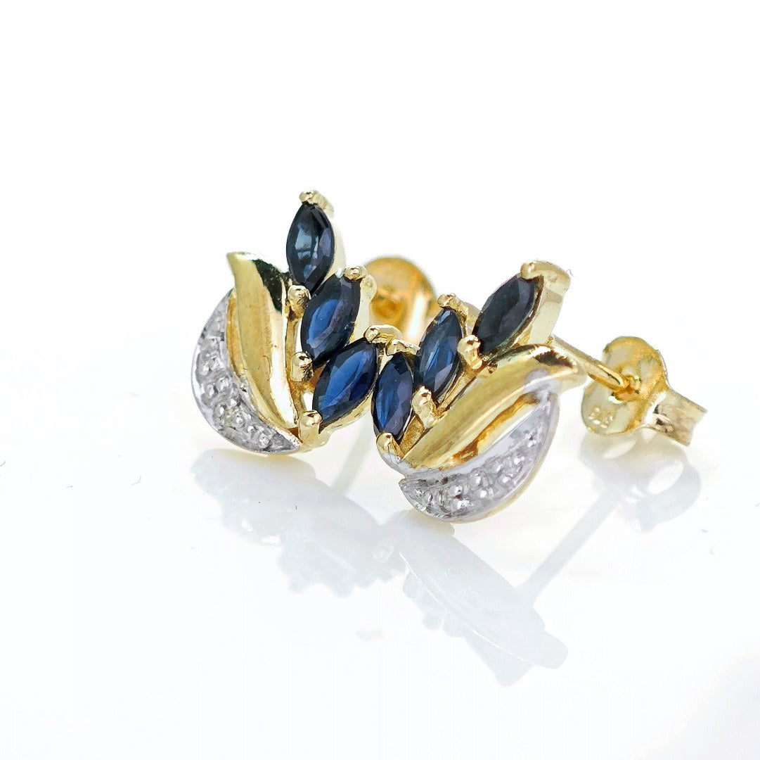 9ct Sapphire Diamond Earrings Gold Studs Natural Blue Gemstones 0.65ct