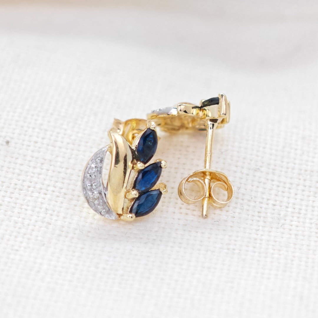 9ct Sapphire Diamond Earrings Gold Studs Natural Blue Gemstones 0.65ct
