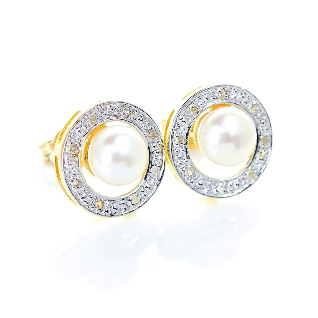 9ct Fresh Water Pearl Diamond Earrings Gold Studs Natural Gemstones