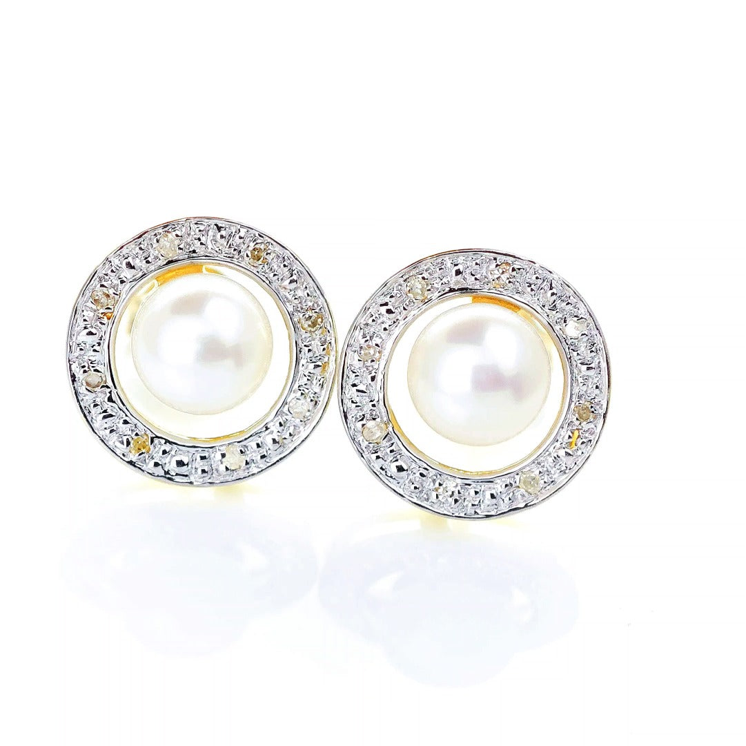 9ct Fresh Water Pearl Diamond Earrings Gold Studs Natural Gemstones