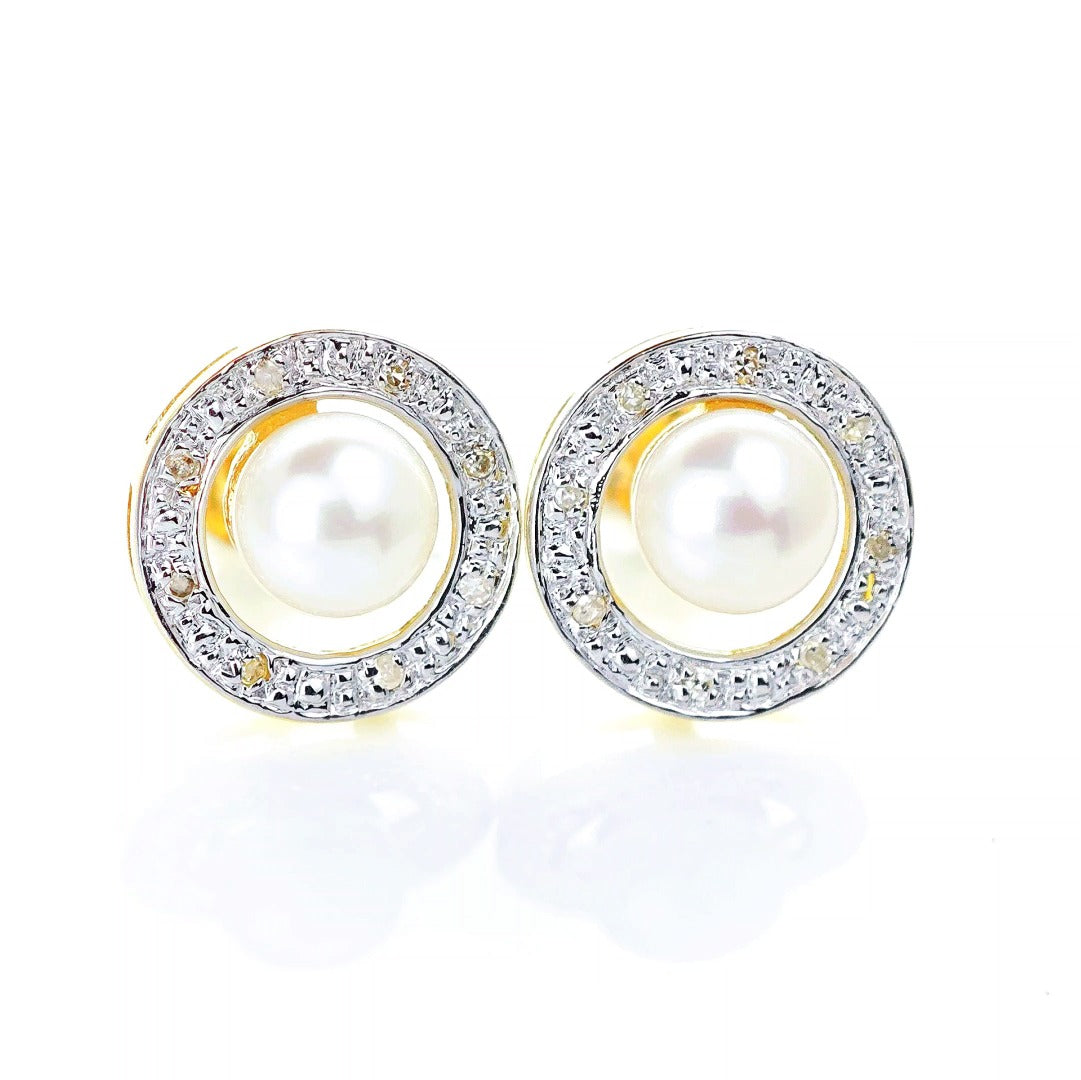 9ct Fresh Water Pearl Diamond Earrings Gold Studs Natural Gemstones
