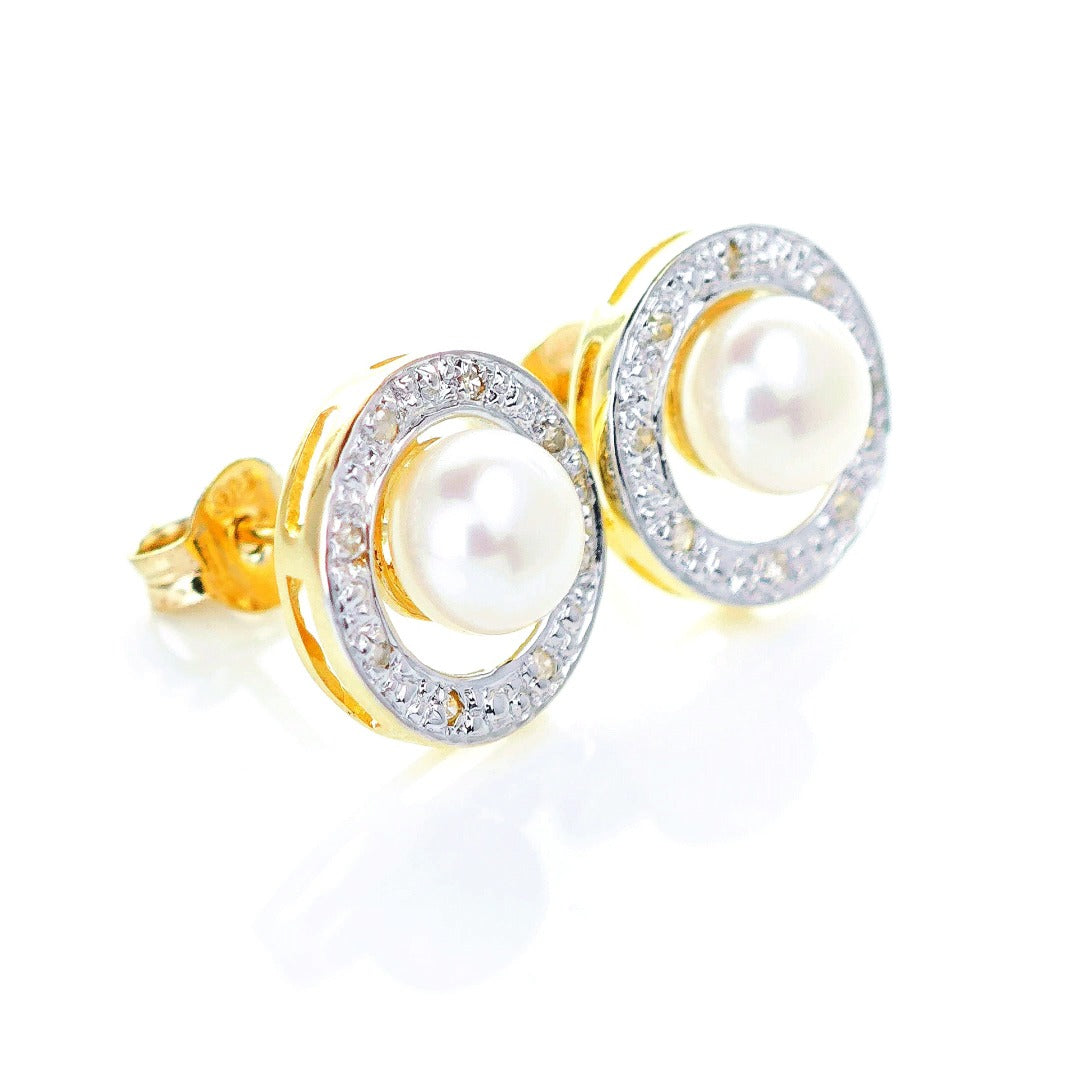 9ct Fresh Water Pearl Diamond Earrings Gold Studs Natural Gemstones