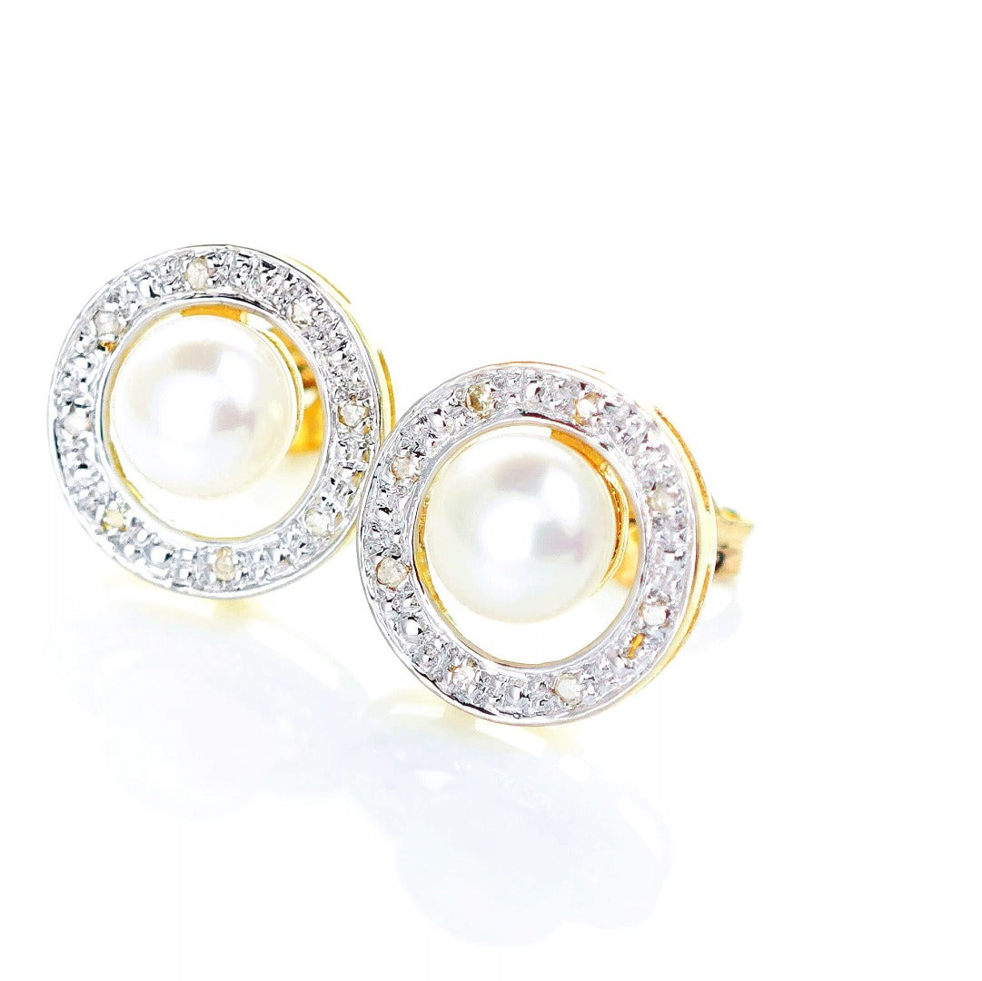 9ct Fresh Water Pearl Diamond Earrings Gold Studs Natural Gemstones
