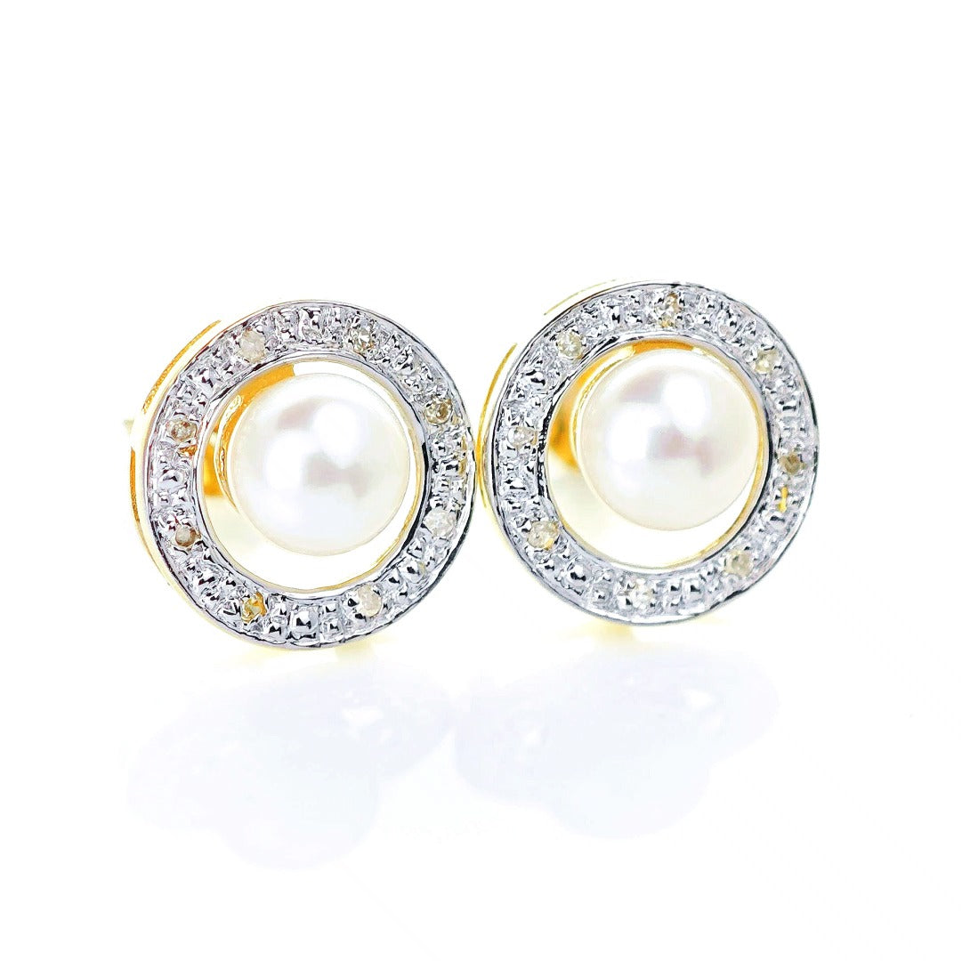 9ct Fresh Water Pearl Diamond Earrings Gold Studs Natural Gemstones