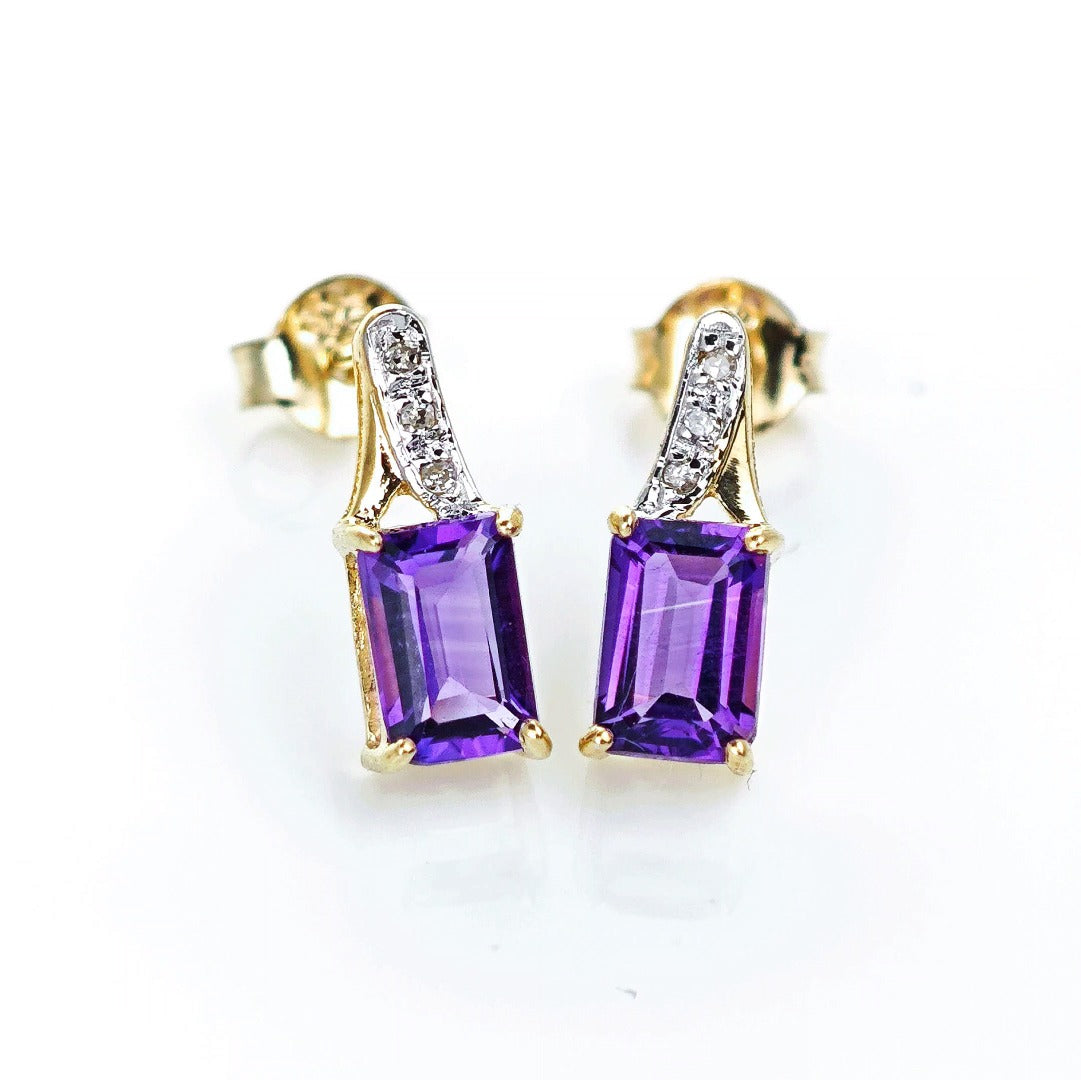 9ct Amethyst Diamond Earrings Gold Studs Natural Purple Gemstones 1.02ct Boxed Gift