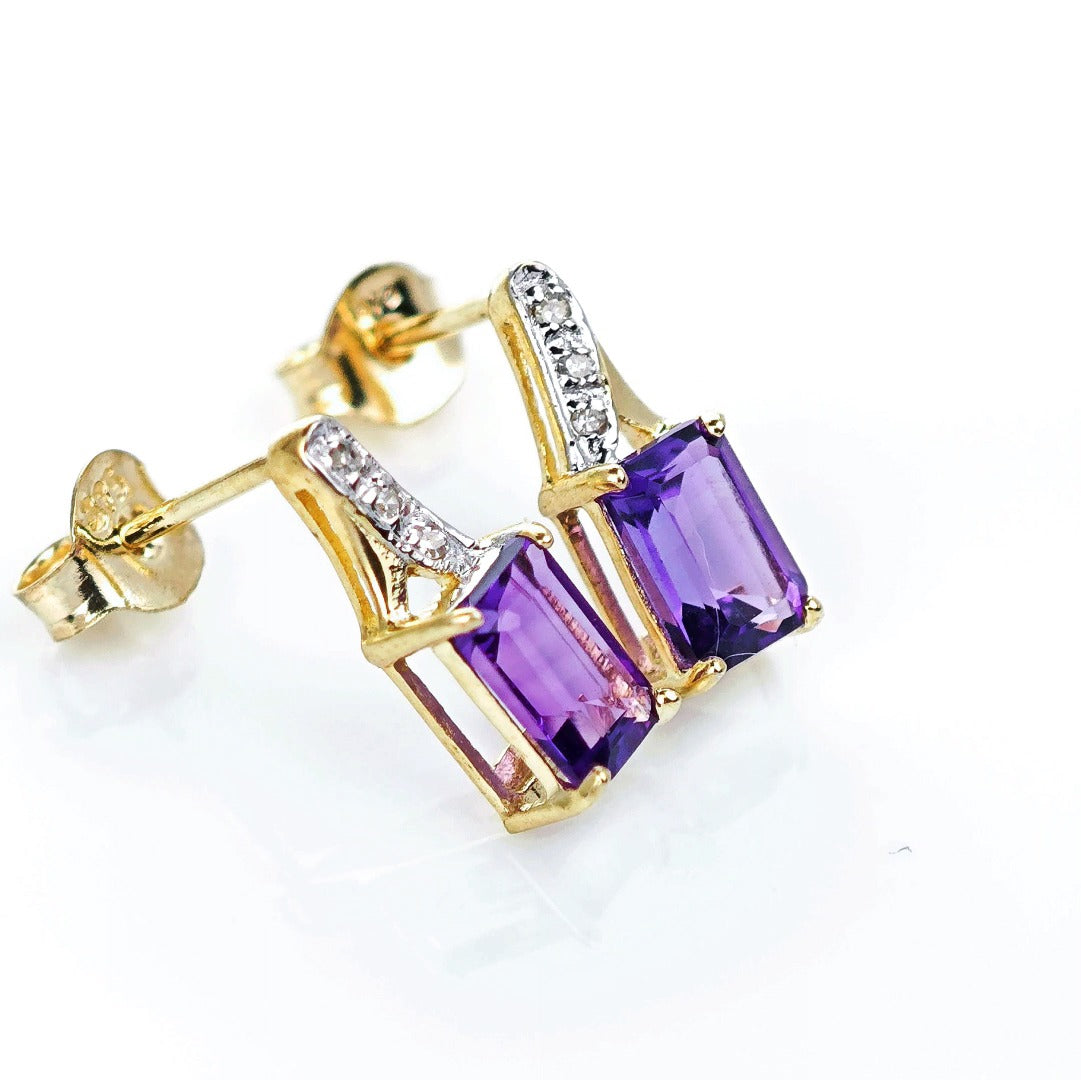 9ct Amethyst Diamond Earrings Gold Studs Natural Purple Gemstones 1.02ct Boxed Gift