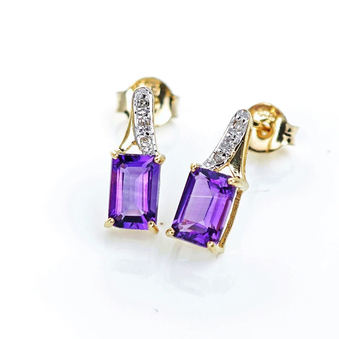 9ct Amethyst Diamond Earrings Gold Studs Natural Purple Gemstones 1.02ct Boxed Gift