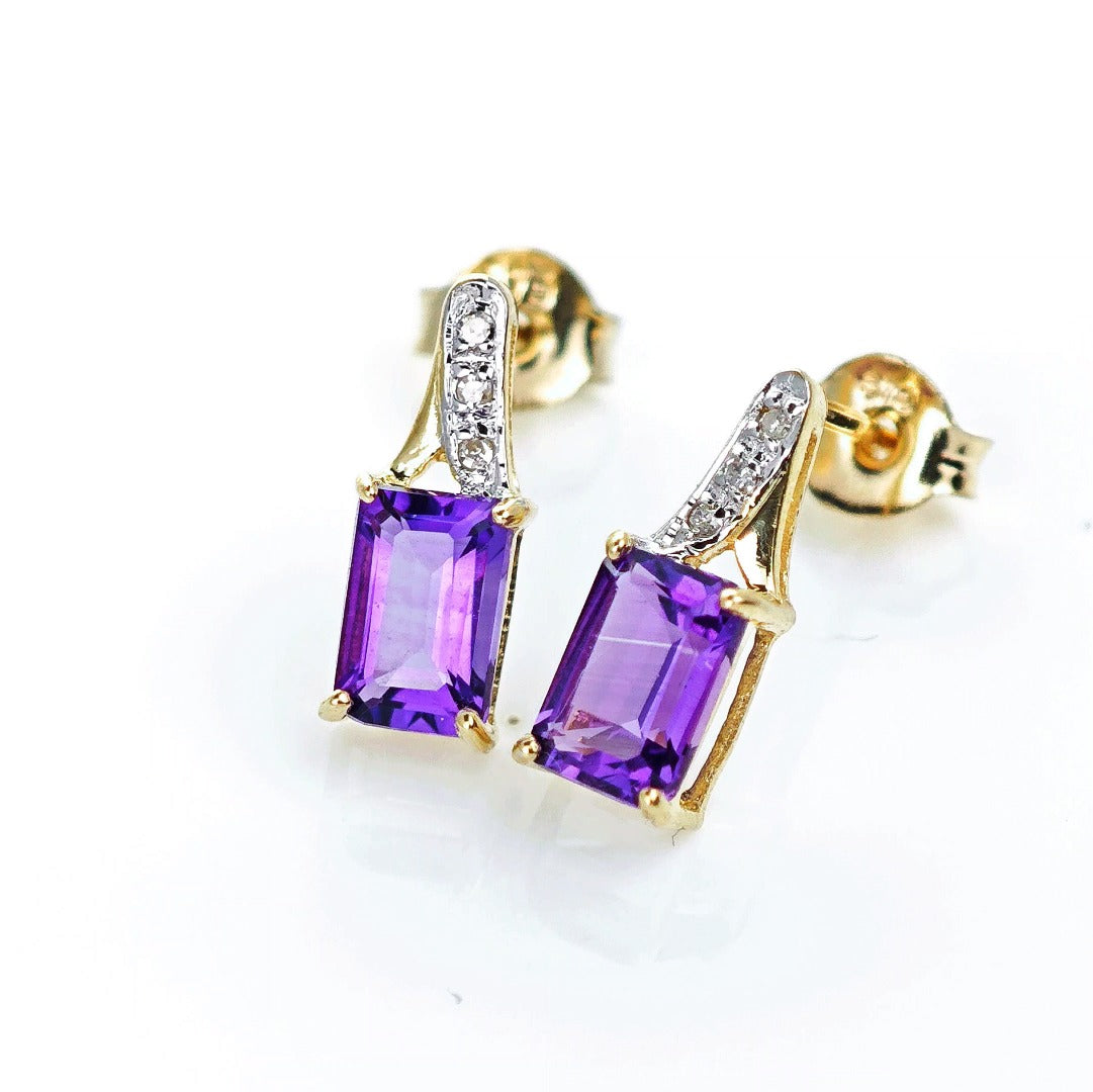 9ct Amethyst Diamond Earrings Gold Studs Natural Purple Gemstones 1.02ct Boxed Gift