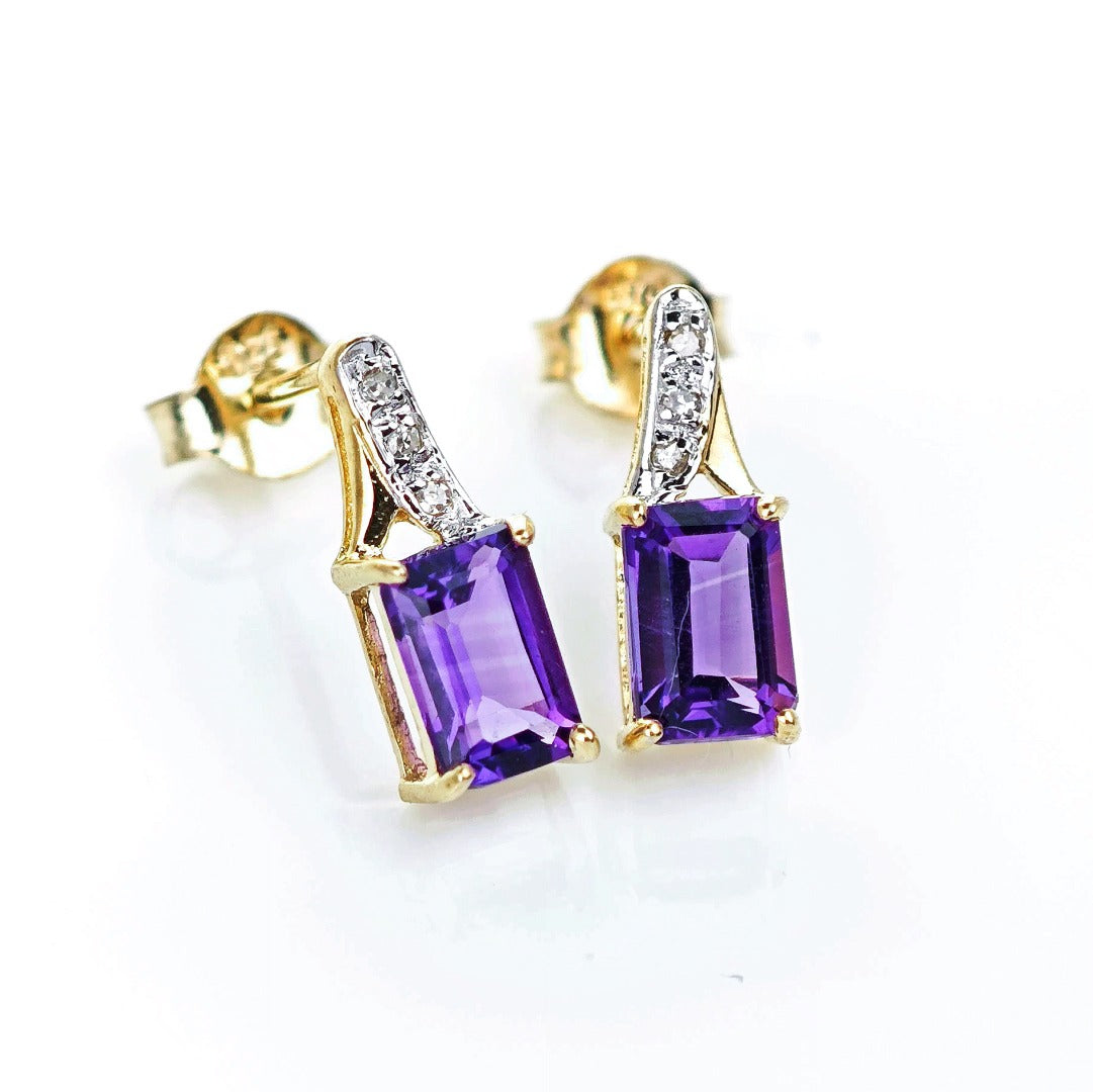 9ct Amethyst Diamond Earrings Gold Studs Natural Purple Gemstones 1.02ct Boxed Gift
