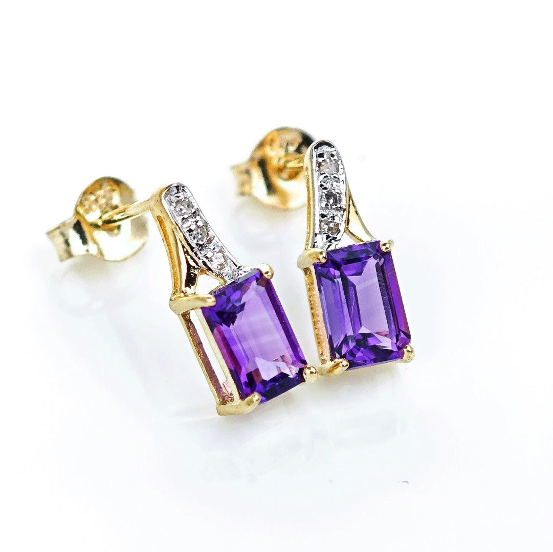 9ct Amethyst Diamond Earrings Gold Studs Natural Purple Gemstones 1.02ct Boxed Gift