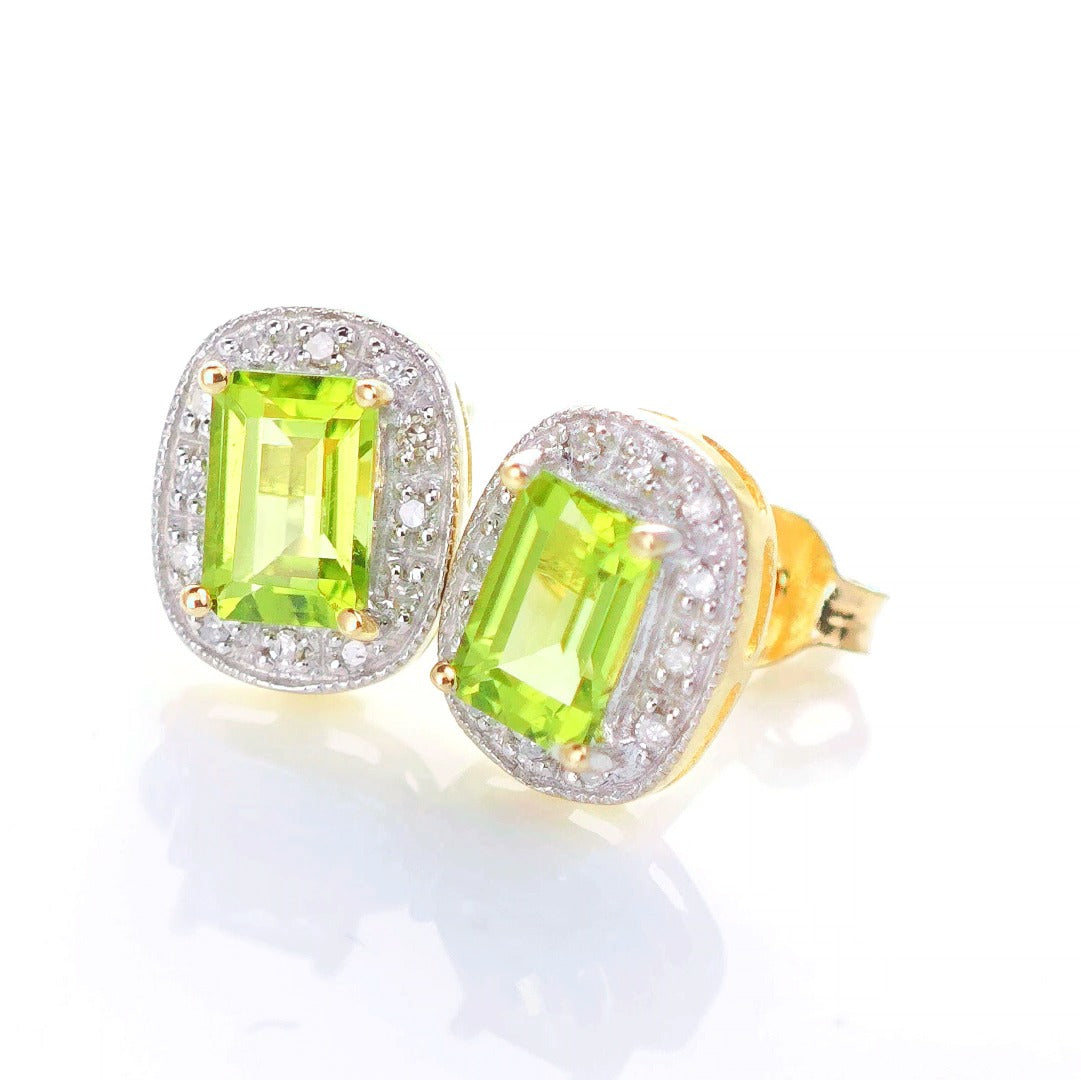 9ct Peridot DiamondEarrings Gold Studs Natural Gemstones 1.27ct
