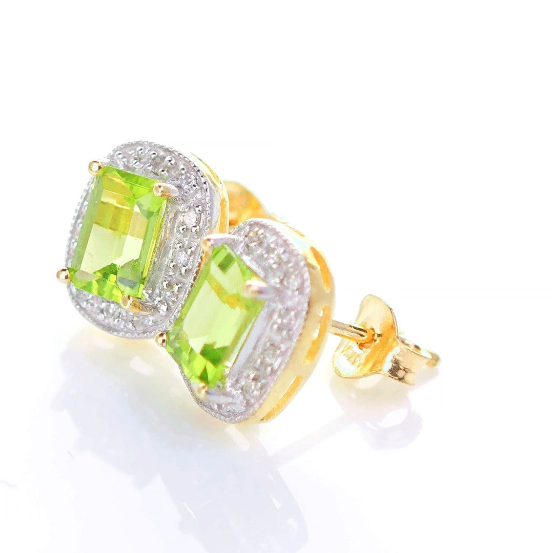 9ct Peridot DiamondEarrings Gold Studs Natural Gemstones 1.27ct