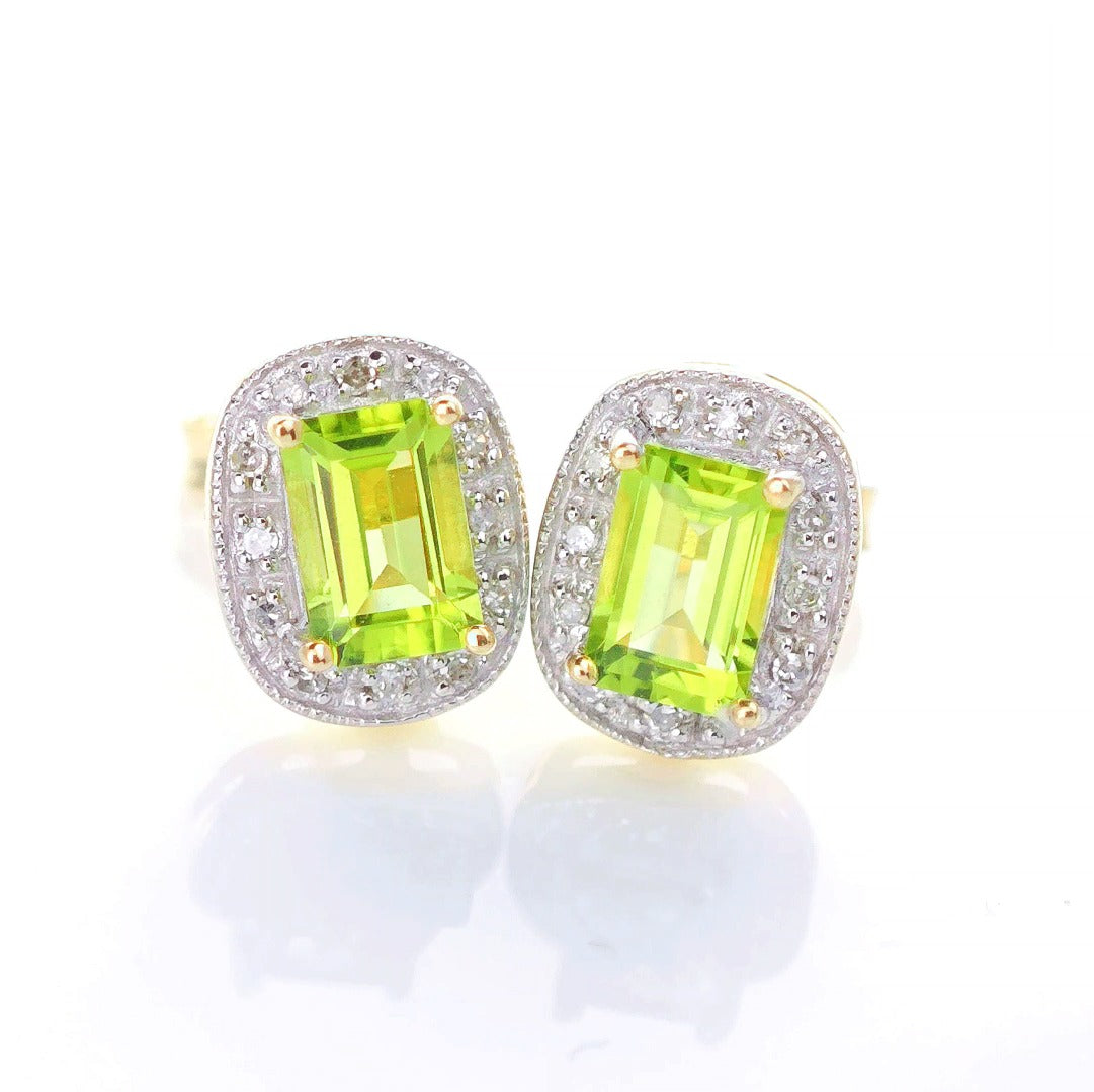 9ct Peridot DiamondEarrings Gold Studs Natural Gemstones 1.27ct