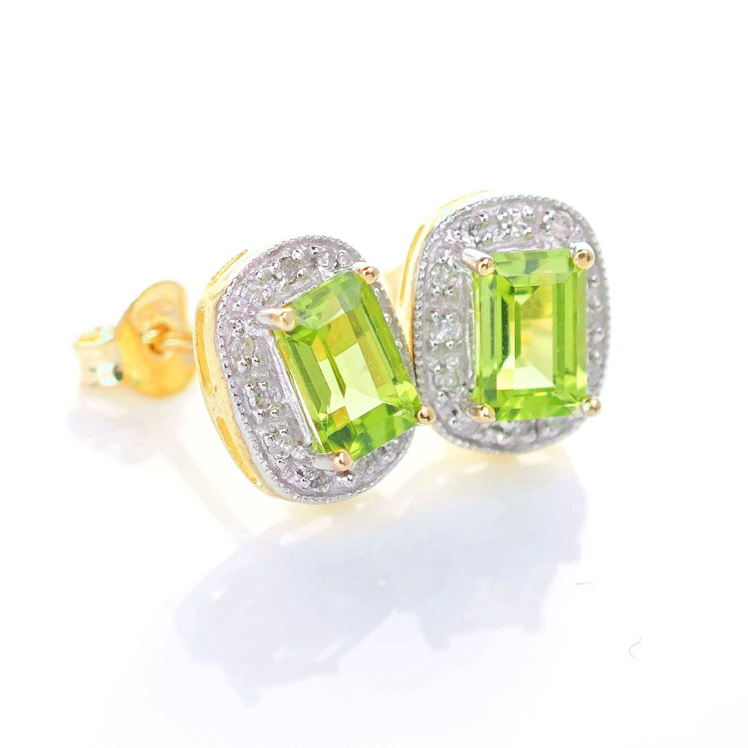 9ct Peridot DiamondEarrings Gold Studs Natural Gemstones 1.27ct