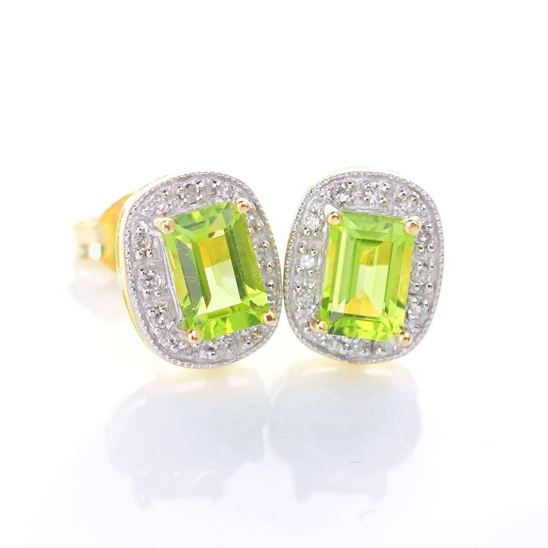 9ct Peridot DiamondEarrings Gold Studs Natural Gemstones 1.27ct