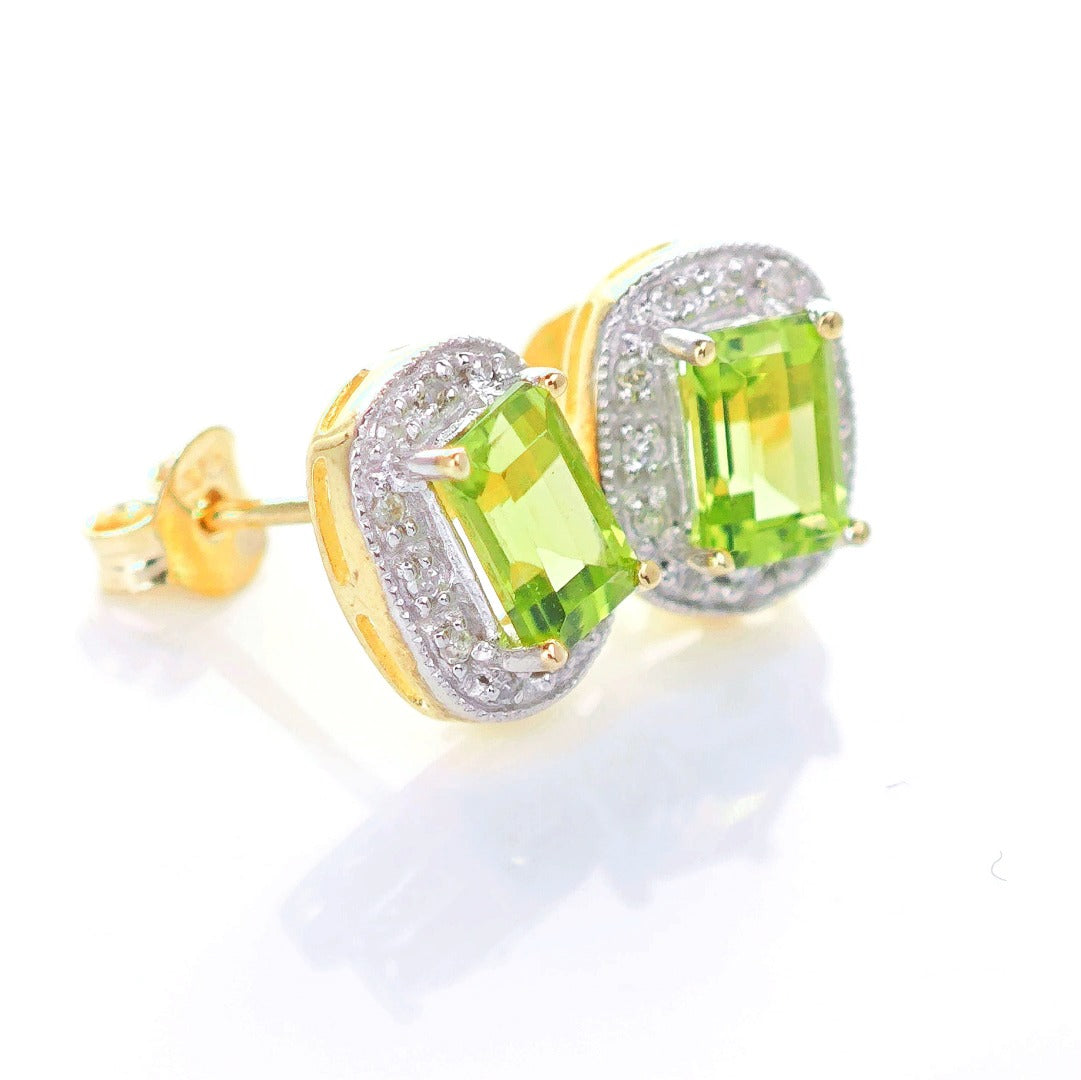 9ct Peridot DiamondEarrings Gold Studs Natural Gemstones 1.27ct