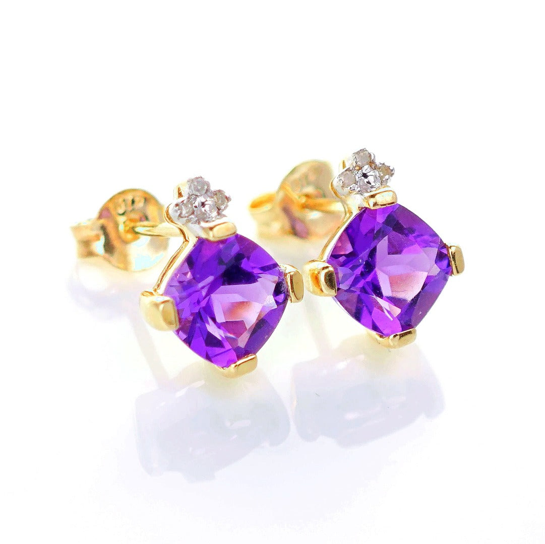 9ct Amethyst Diamond Earrings Gold Studs Natural Gemstones 1.64 ct