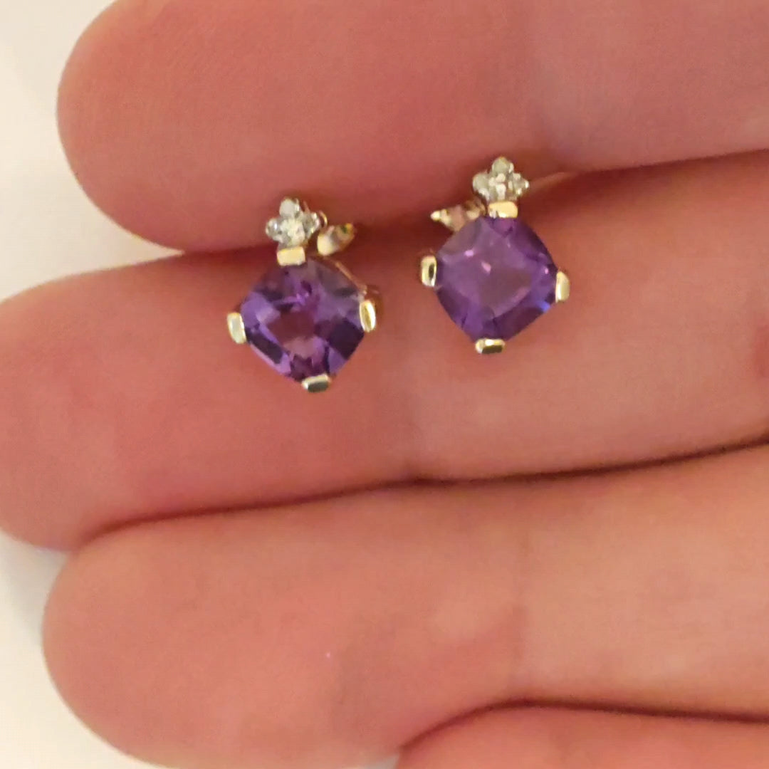 9ct Amethyst Diamond Earrings Gold Studs Natural Gemstones 1.64 ct