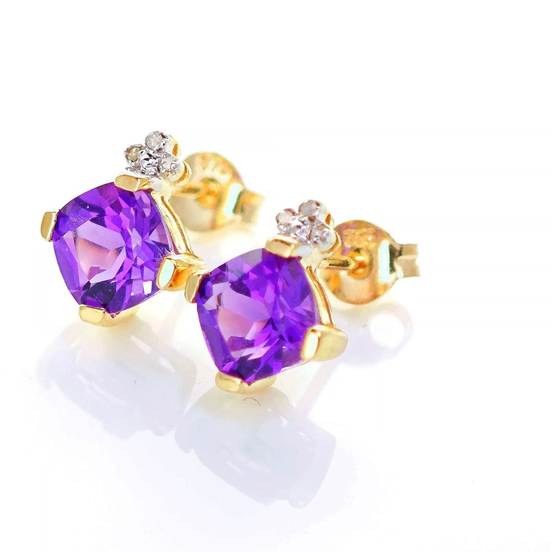 9ct Amethyst Diamond Earrings Gold Studs Natural Gemstones 1.64 ct