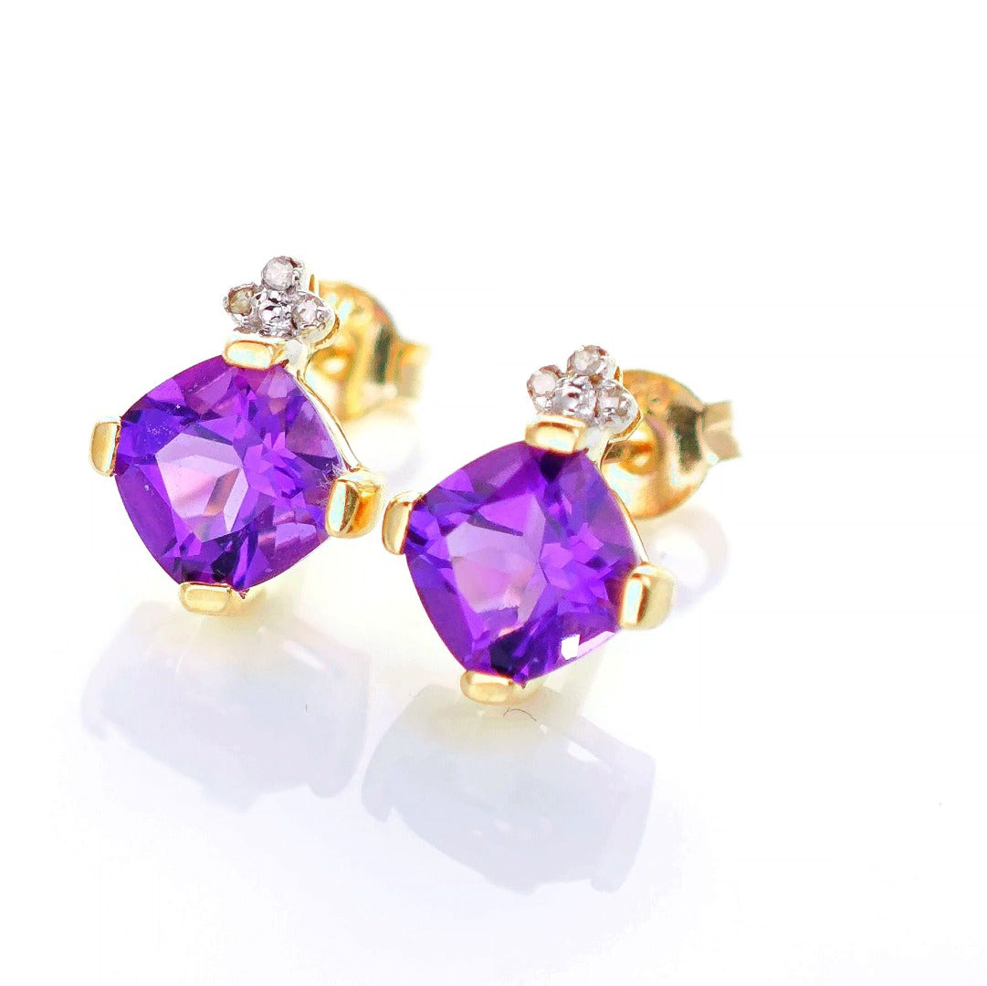 9ct Amethyst Diamond Earrings Gold Studs Natural Gemstones 1.64 ct