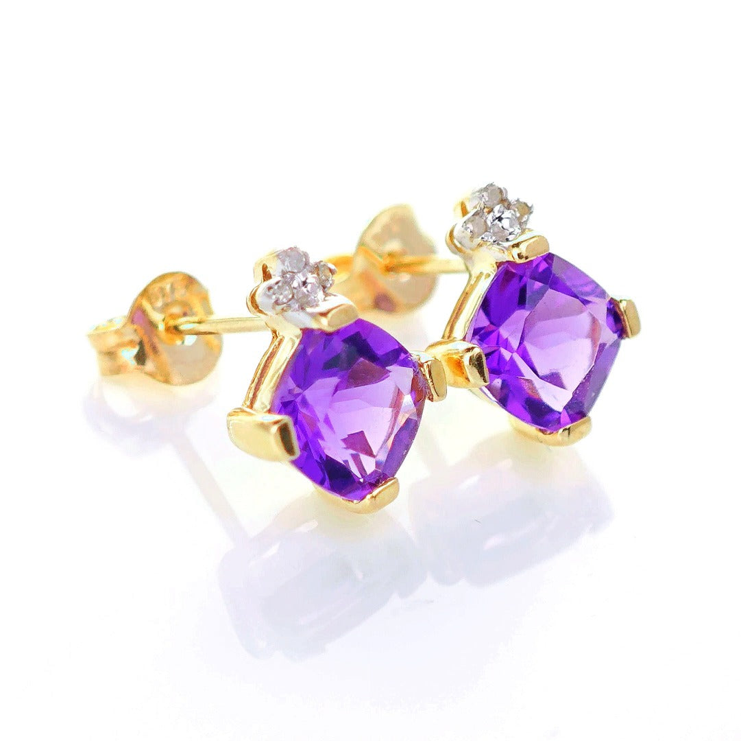 9ct Amethyst Diamond Earrings Gold Studs Natural Gemstones 1.64 ct