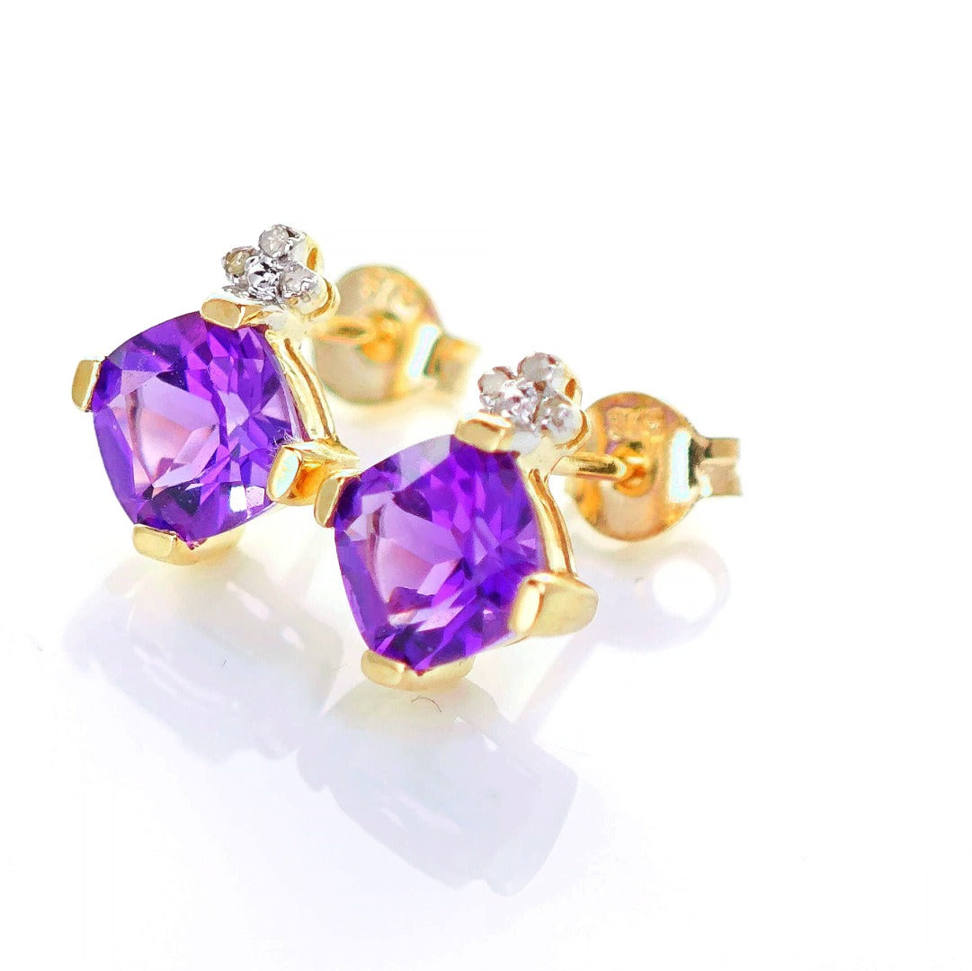 9ct Amethyst Diamond Earrings Gold Studs Natural Gemstones 1.64 ct