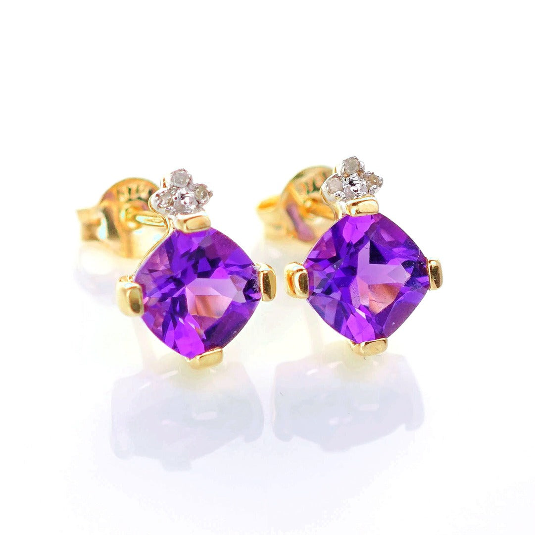 9ct Amethyst Diamond Earrings Gold Studs Natural Gemstones 1.64 ct