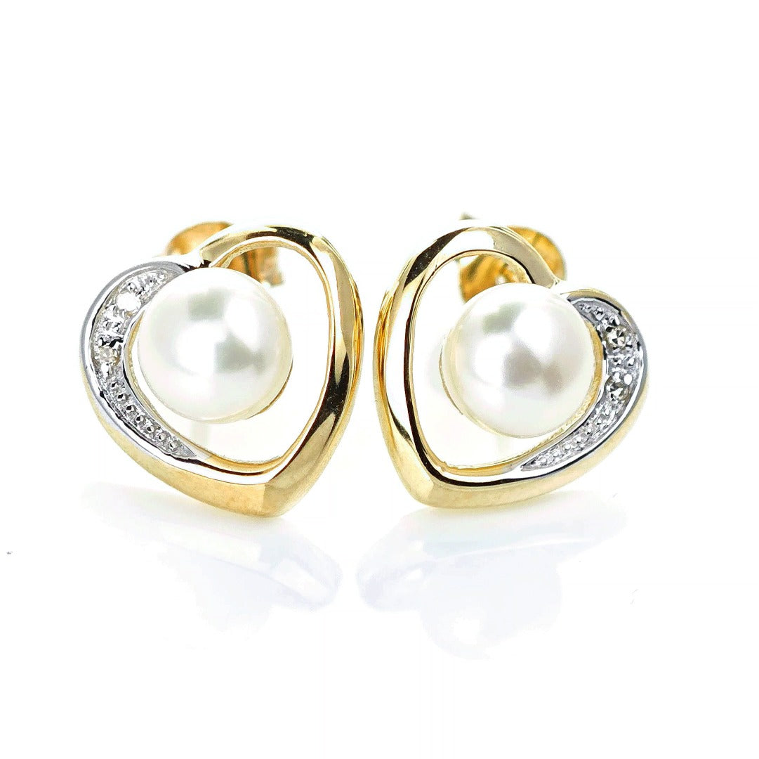 9ct Fresh Water Pearl Diamond Heart Earrings Gold Studs Natural Gemstones