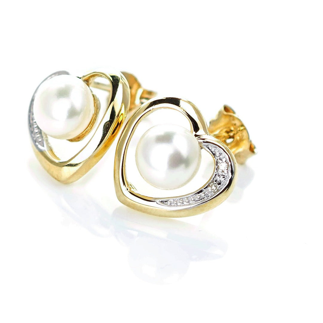 9ct Fresh Water Pearl Diamond Heart Earrings Gold Studs Natural Gemstones
