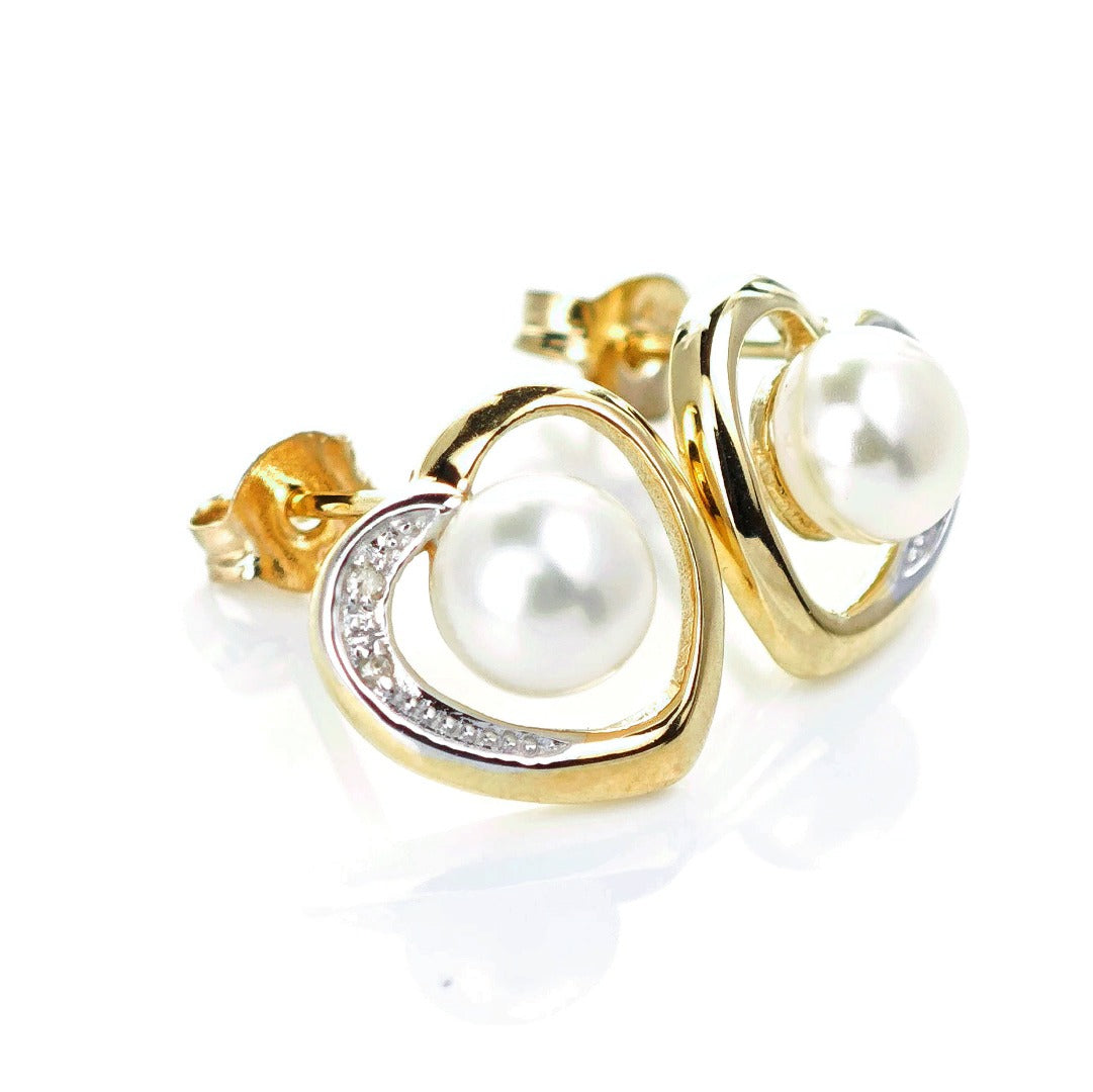 9ct Fresh Water Pearl Diamond Heart Earrings Gold Studs Natural Gemstones