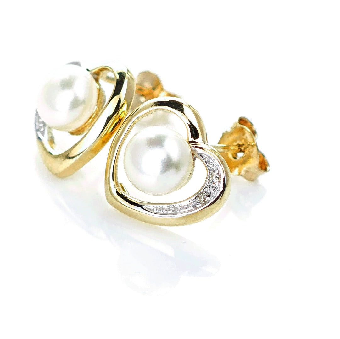 9ct Fresh Water Pearl Diamond Heart Earrings Gold Studs Natural Gemstones