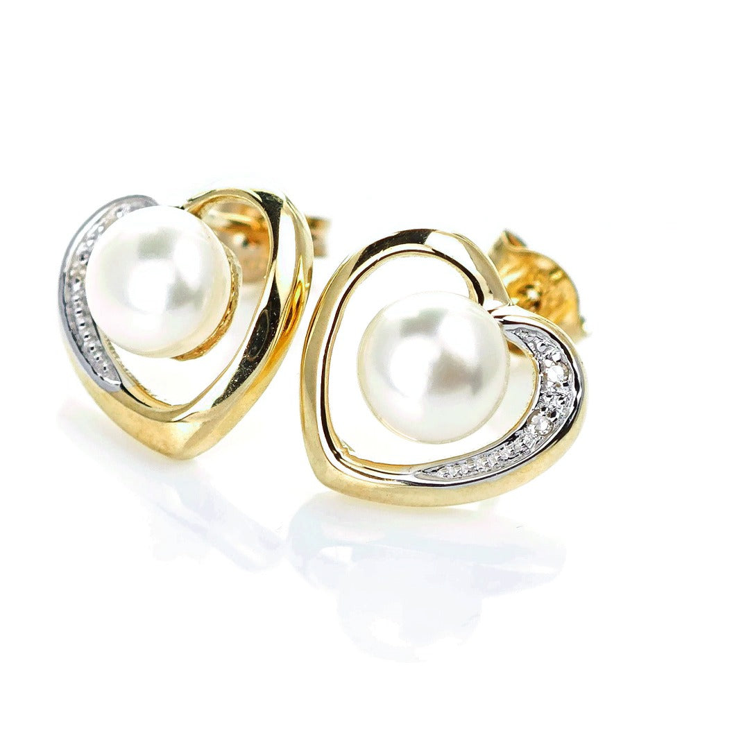 9ct Fresh Water Pearl Diamond Heart Earrings Gold Studs Natural Gemstones