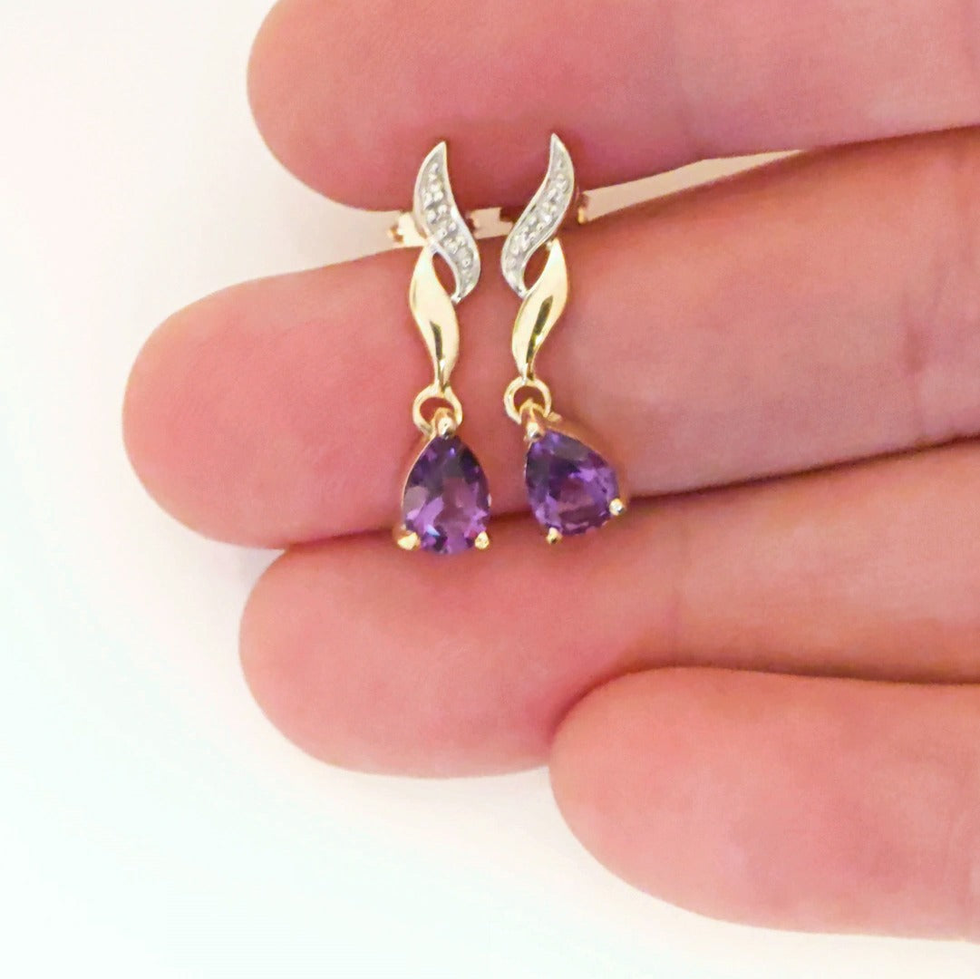 9ct Amethyst Diamond Earrings Gold Studs Natural Gemstones 1.24ct