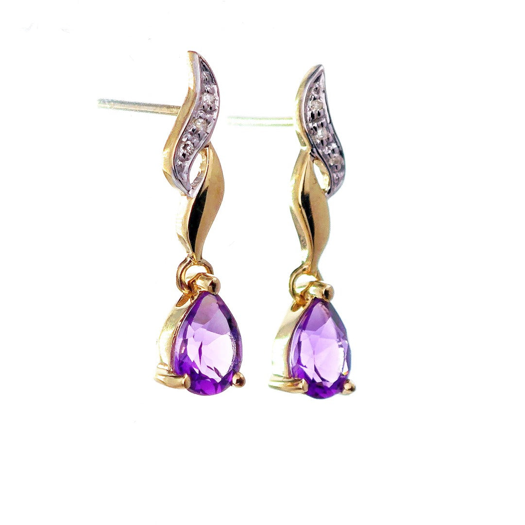 9ct Amethyst Diamond Earrings Gold Studs Natural Gemstones 1.24ct