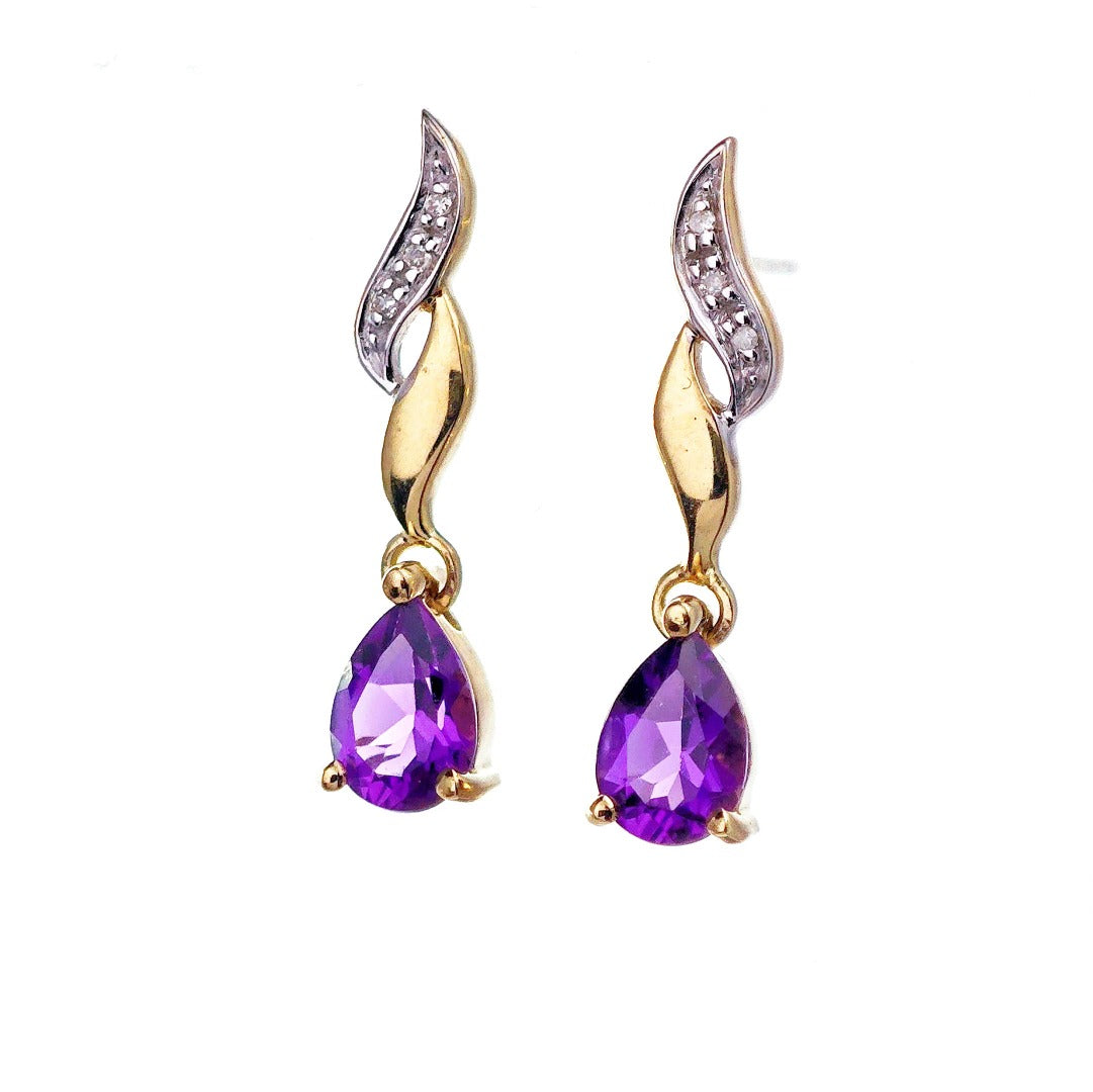 9ct Amethyst Diamond Earrings Gold Studs Natural Gemstones 1.24ct