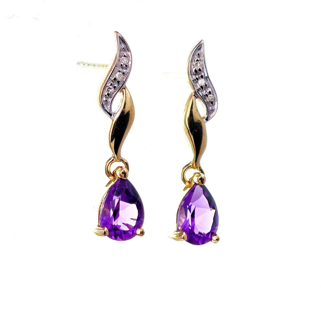 9ct Amethyst Diamond Earrings Gold Studs Natural Gemstones 1.24ct
