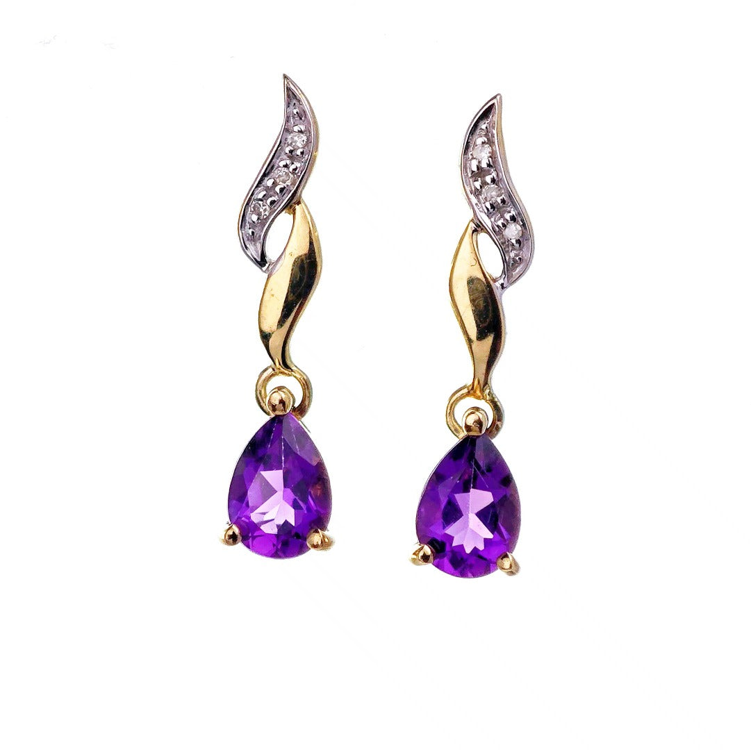 9ct Amethyst Diamond Earrings Gold Studs Natural Gemstones 1.24ct