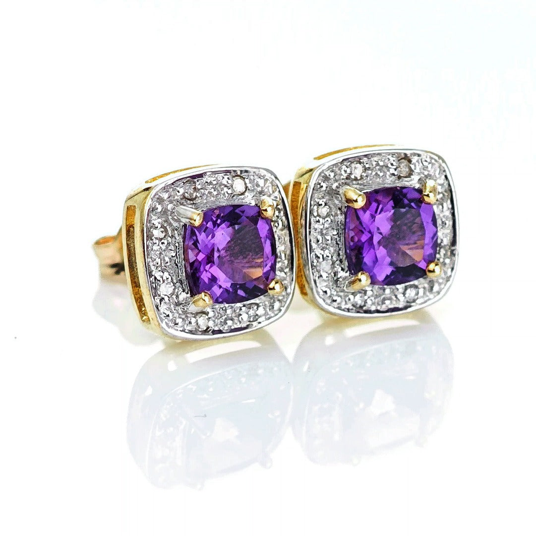 9ct Amethyst Diamond Earrings Gold Studs Natural Gemstones 1.63ct