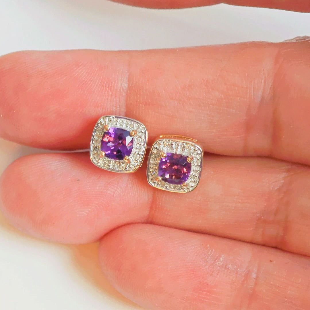 9ct Amethyst Diamond Earrings Gold Studs Natural Gemstones 1.63ct