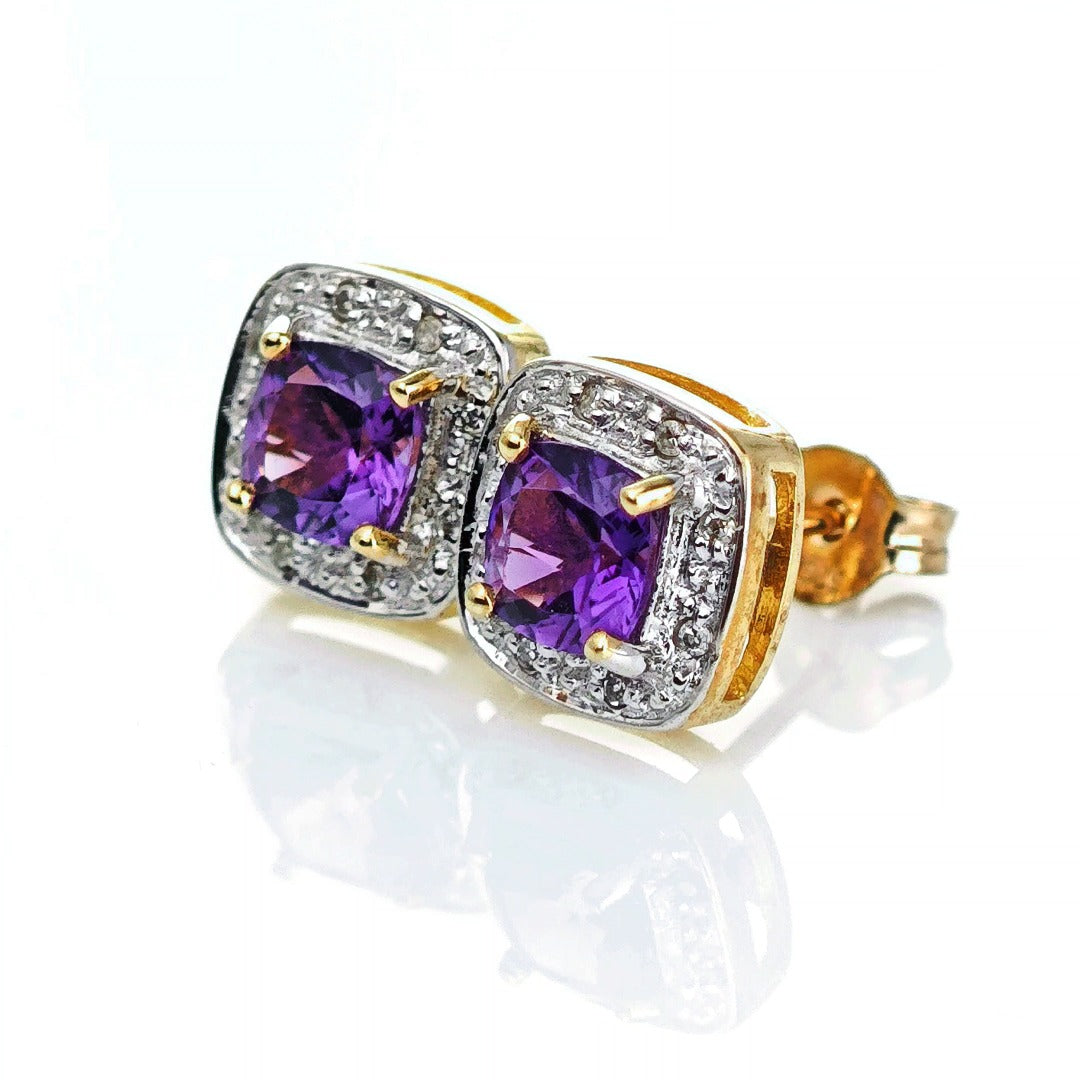 9ct Amethyst Diamond Earrings Gold Studs Natural Gemstones 1.63ct