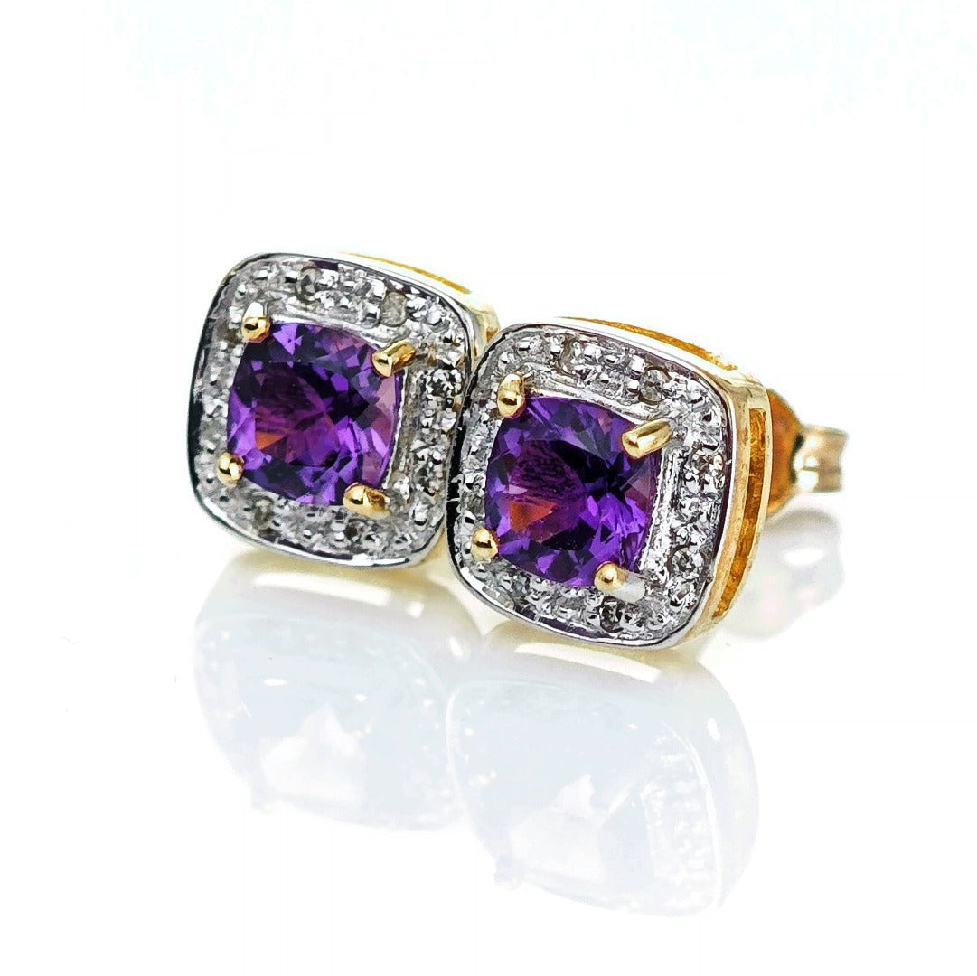 9ct Amethyst Diamond Earrings Gold Studs Natural Gemstones 1.63ct
