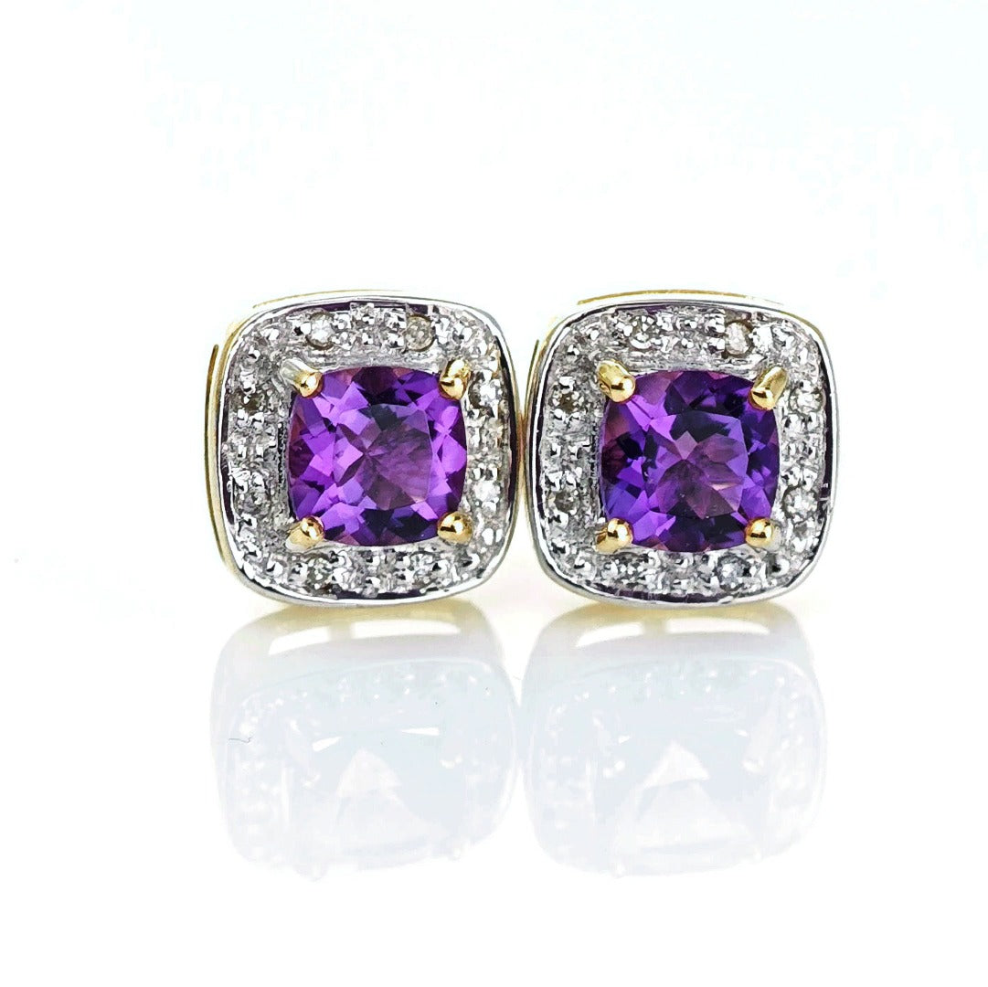 9ct Amethyst Diamond Earrings Gold Studs Natural Gemstones 1.63ct