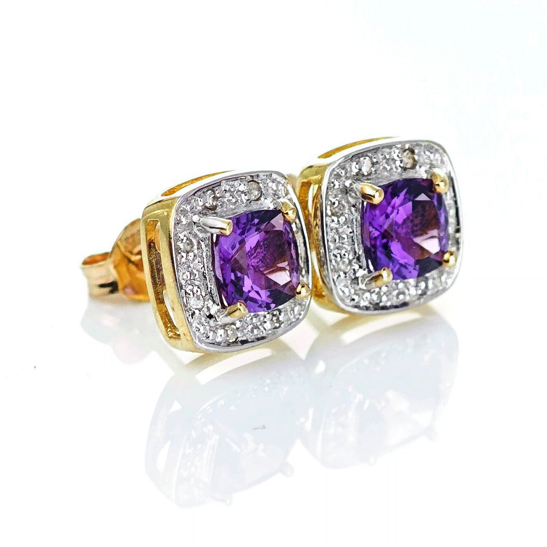 9ct Amethyst Diamond Earrings Gold Studs Natural Gemstones 1.63ct