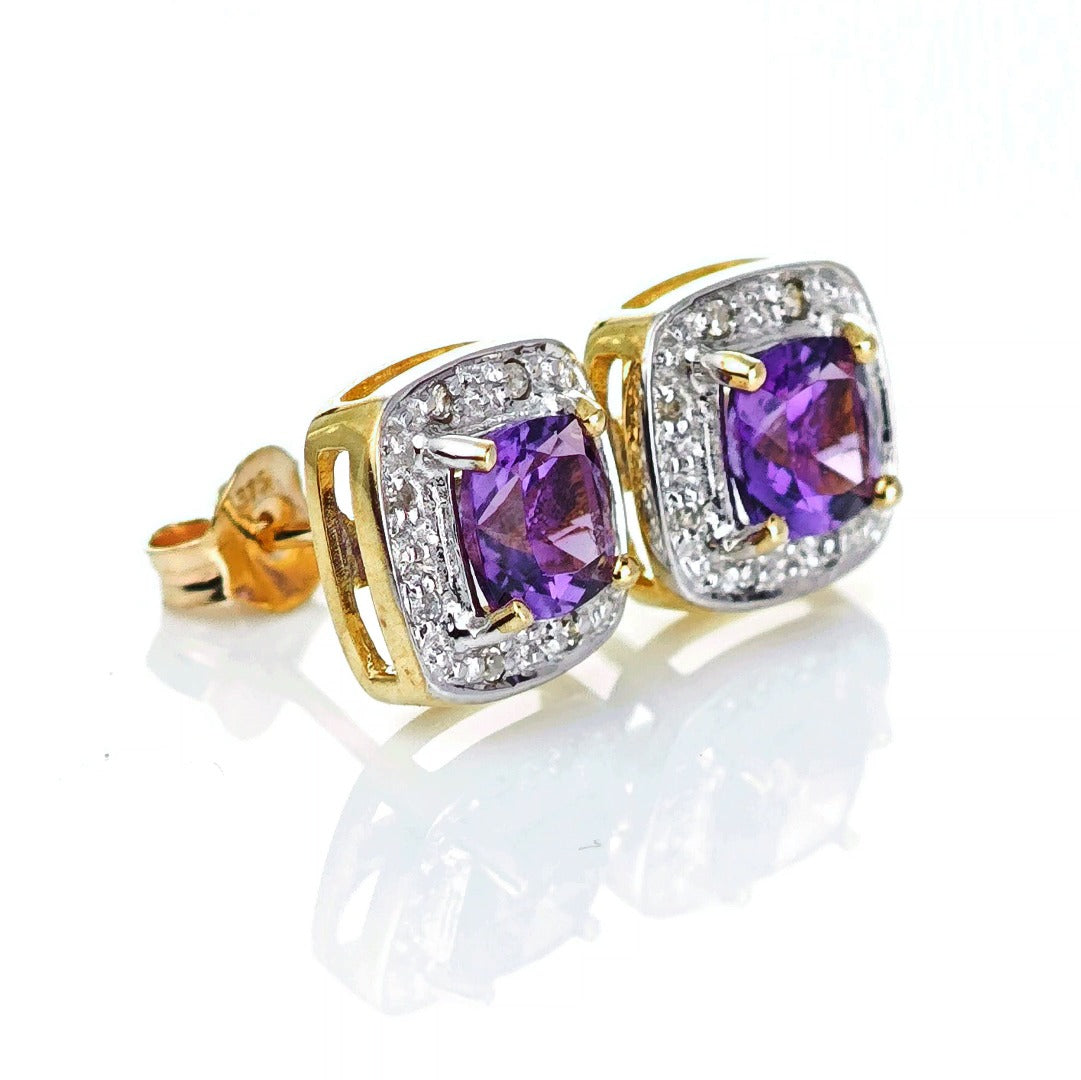 9ct Amethyst Diamond Earrings Gold Studs Natural Gemstones 1.63ct