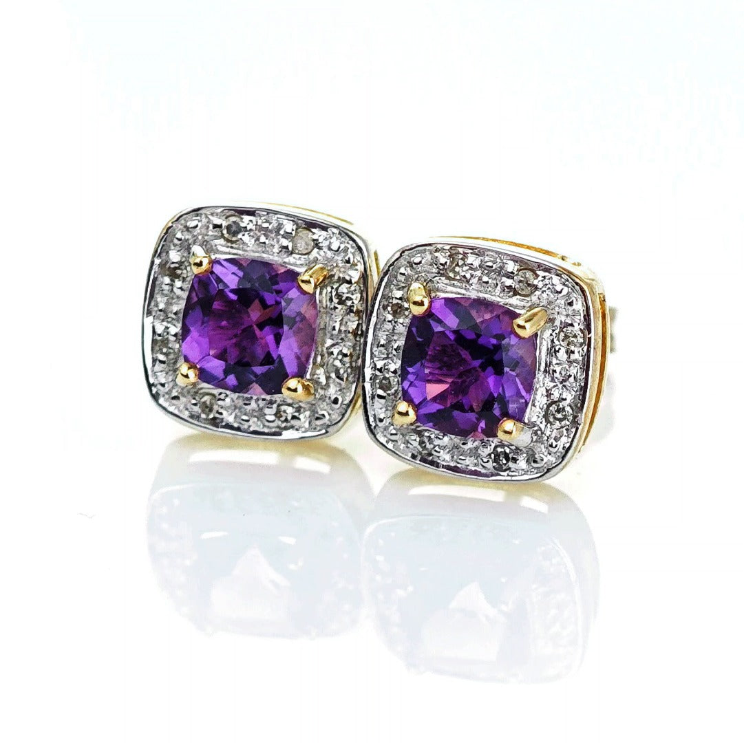 9ct Amethyst Diamond Earrings Gold Studs Natural Gemstones 1.63ct