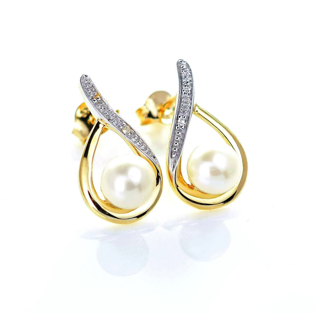 9ct Fresh Water Pearl Diamond Earrings Gold Studs Natural Gemstones
