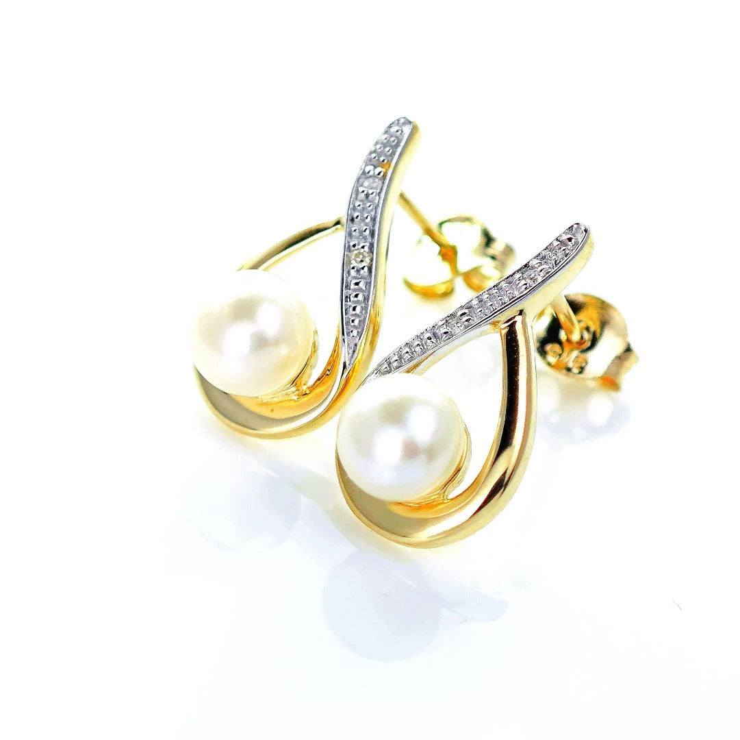 9ct Fresh Water Pearl Diamond Earrings Gold Studs Natural Gemstones